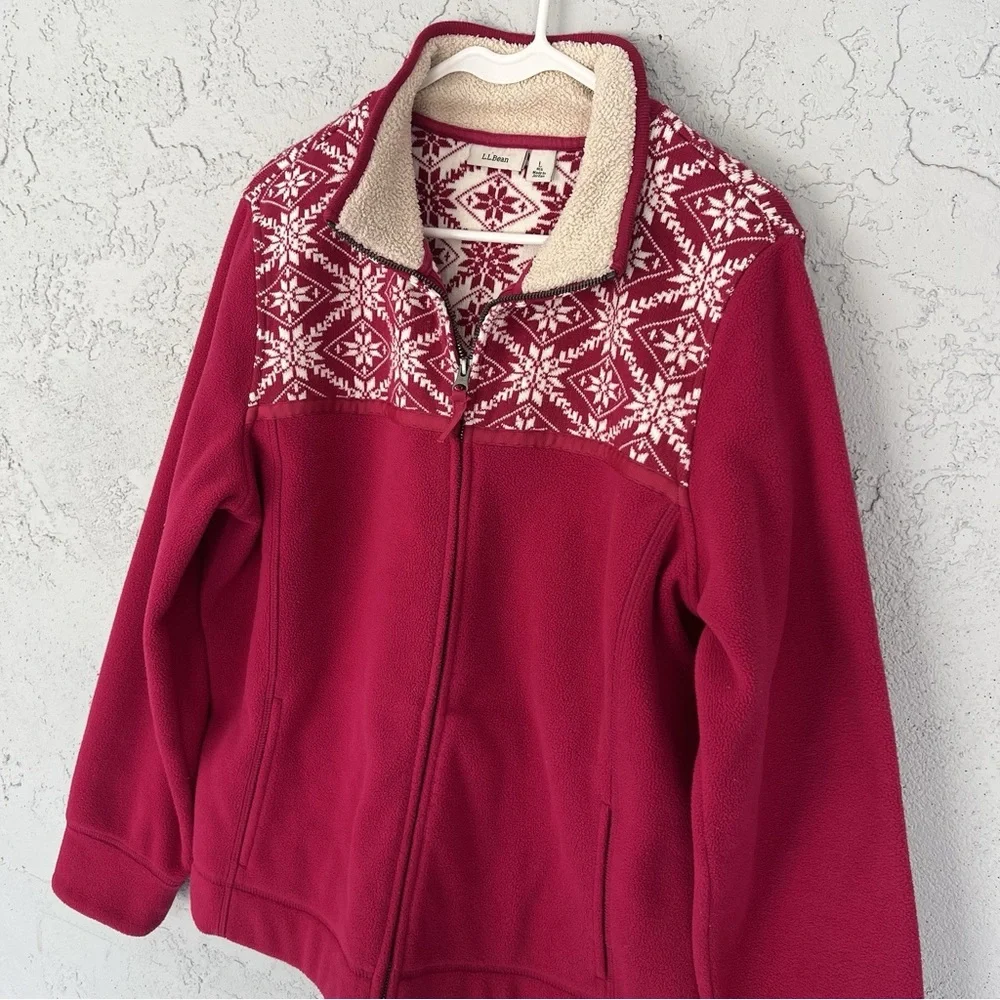 L.L. Bean Red Fair Isle Fleece Zip Jacket